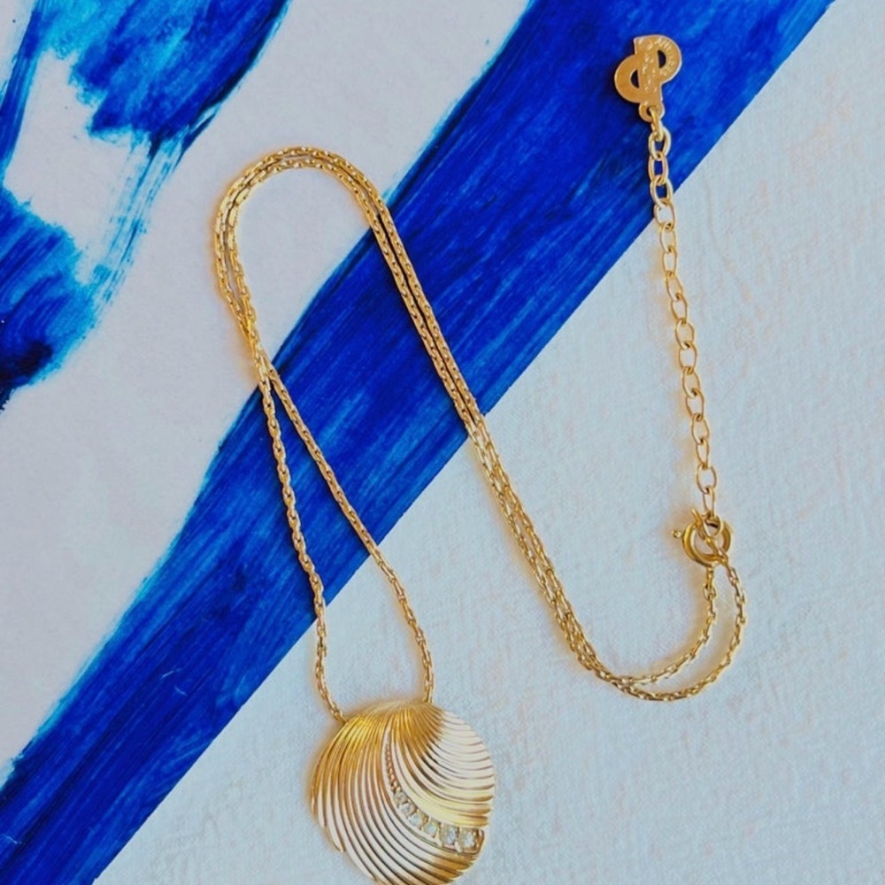 CHRISTIAN DIOR Vintage 80’s Modernist Shell Pendant W/ Crystals Gold Necklace - Picture 6 of 10